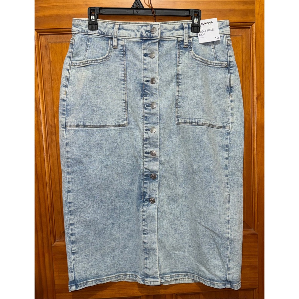 Sonoma Goods For Life High Rise Denim Midi Skirt Light Wash Button Front Size 10